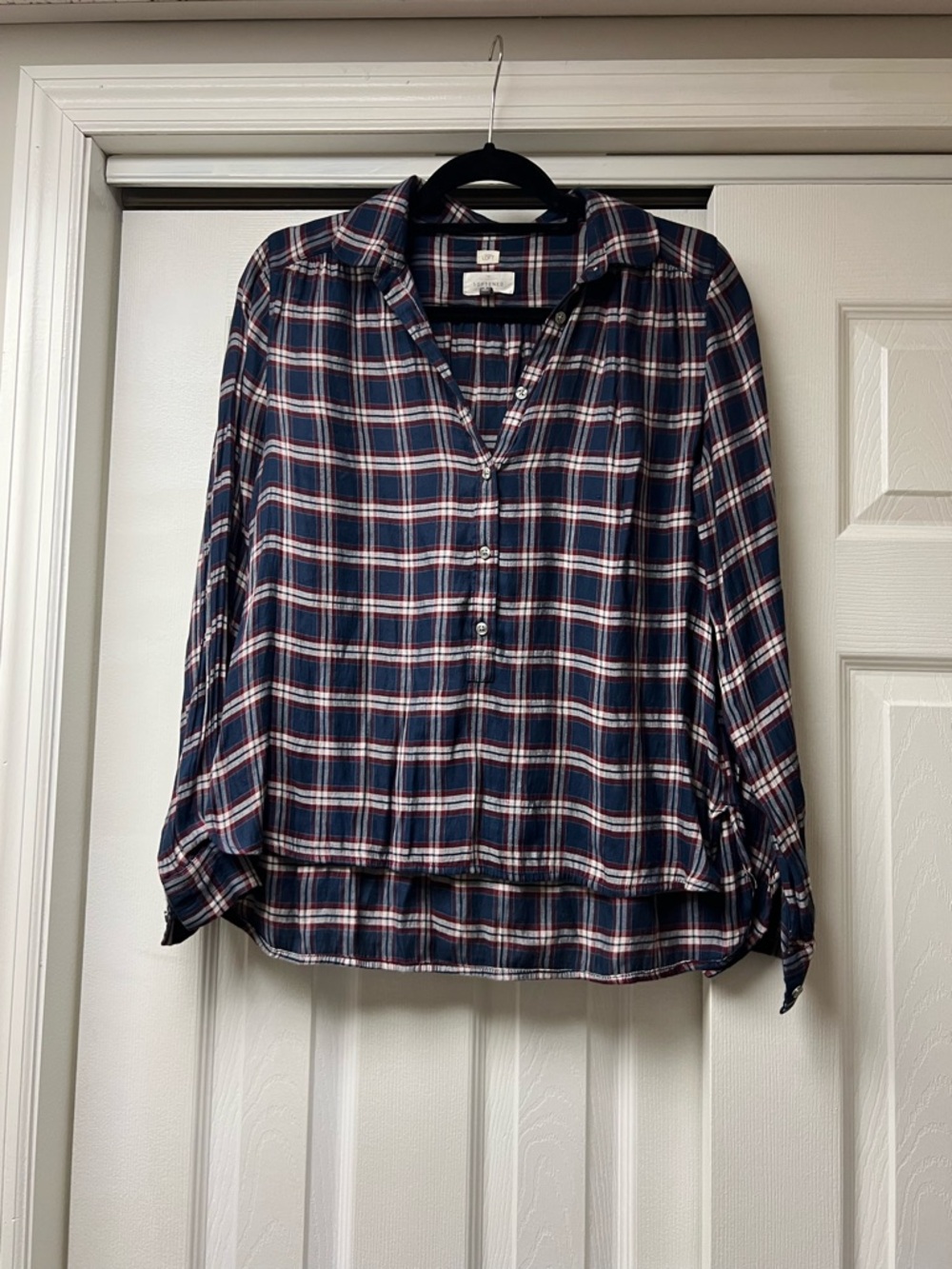 LOFT Navy Plaid Button-Down Shirt with Red and White Accents